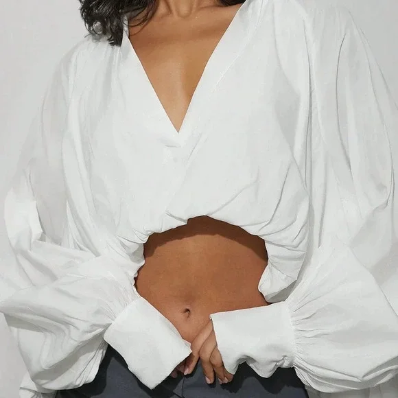 White Casual Women's Balloon Bubble Hem High Low Deep V Collar Shirt